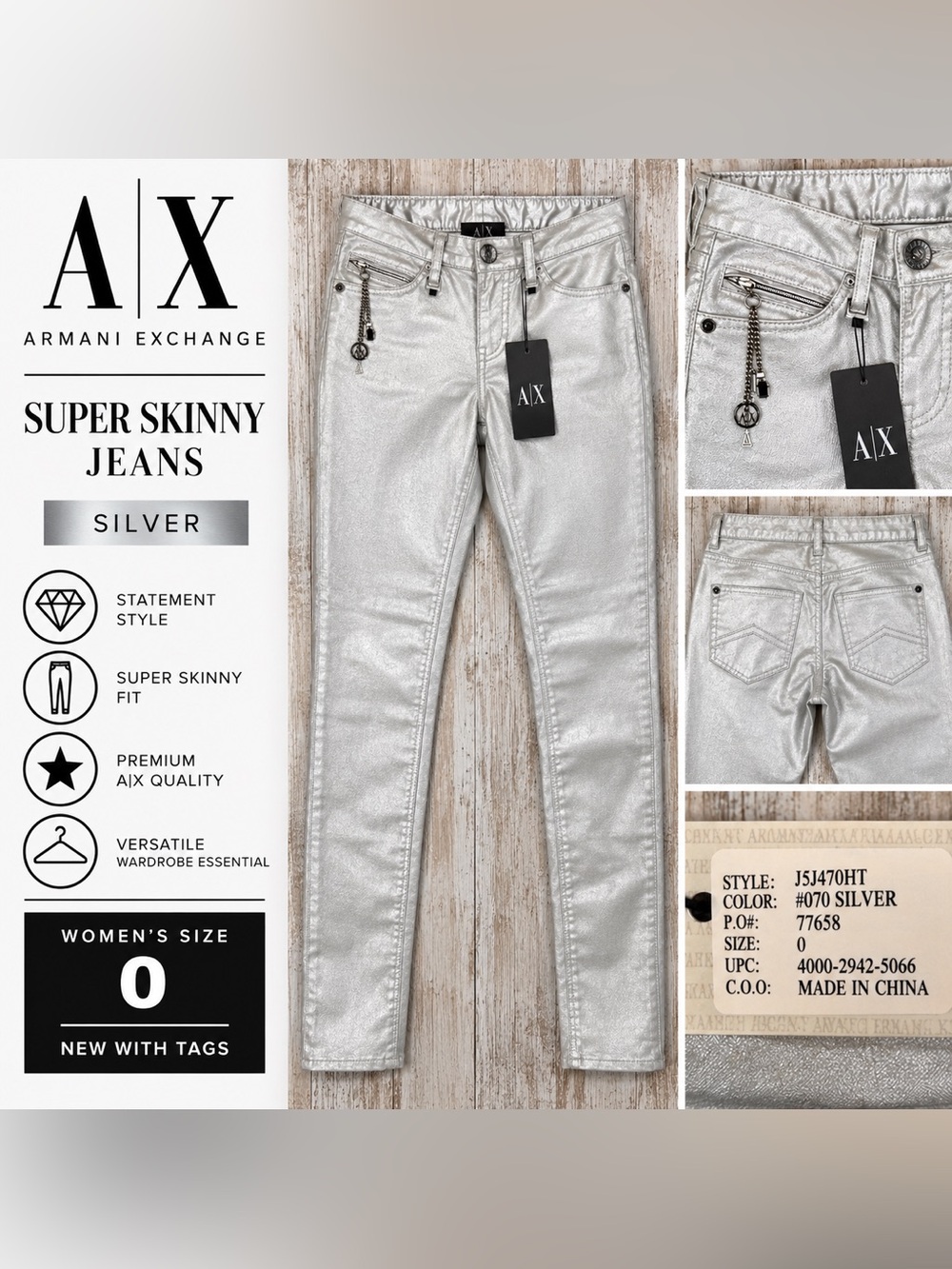 Armani Exchange super skinny Silver jeans sz 0